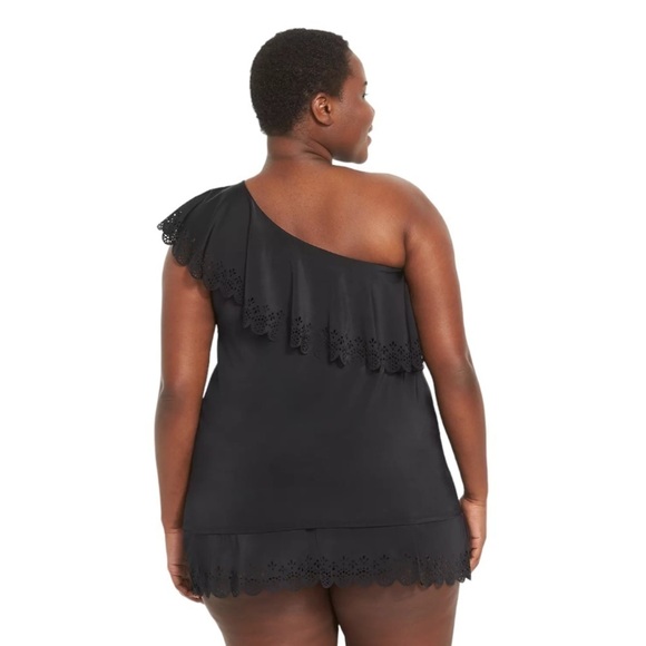 Lane Bryant No-Wire Relaxed Laser Cut One-Shoulder Ruffle Tankini Top Black- 28 - Picture 3 of 4
